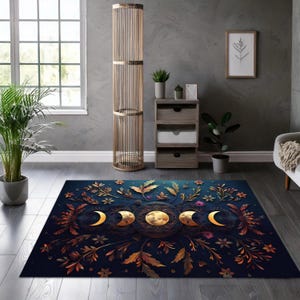 Moon Phases Floral Rug, Celestial Botanical Area Carpet, Boho Lunar Magic Decor Rug for Bedroom Living Room