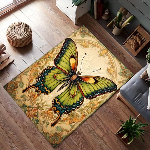Floral Luna Butterfly Rug, Beige Garden-inspired Floor Mat
