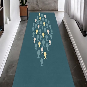 Colorful Fish Pattern Kitchen Runner Rug, Non-Slip Floor Mat, Ocean Inspired Long Carpet for Kitchen, Laundry, Entryway, Washable Rug