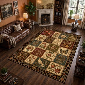 May include: A rectangular area rug featuring a grid of decorative squares with diverse botanical, avian, and insect motifs. The design includes illustrations of birds, butterflies, pomegranates, pears, and floral patterns in rich tones of red, green, and cream.