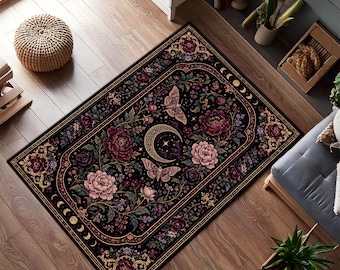 Gothic Floral Moth Rug, Dark Moon Butterfly Rug, Vintage Botanical Area Rug, Mystic Floral Home Decor