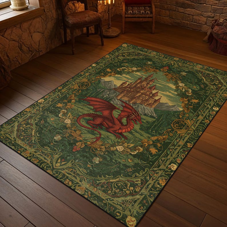 Medieval Red Dragon Rug, Gothic Fantasy Castle Carpet, Mythical ...
