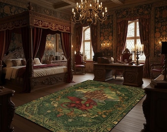 Medieval Red Dragon Rug, Gothic Fantasy Castle Carpet, Mythical Creature Tapestry Inspired Floor Decor, Muted Color Rug