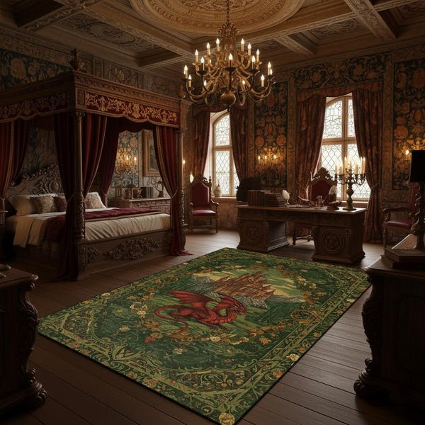 Medieval Red Dragon Rug, Gothic Fantasy Castle Carpet, Mythical Creature Tapestry Inspired Floor Decor, Muted Color Rug