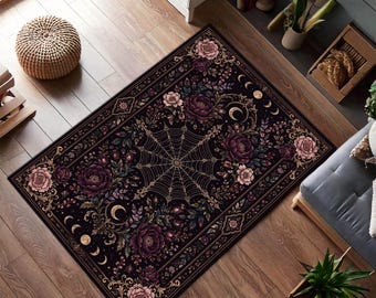 Gothic Web Floral Rug, Dark Botanical Moon Rug, Spider Web Area Rug, Vintage Witchy Home Decor
