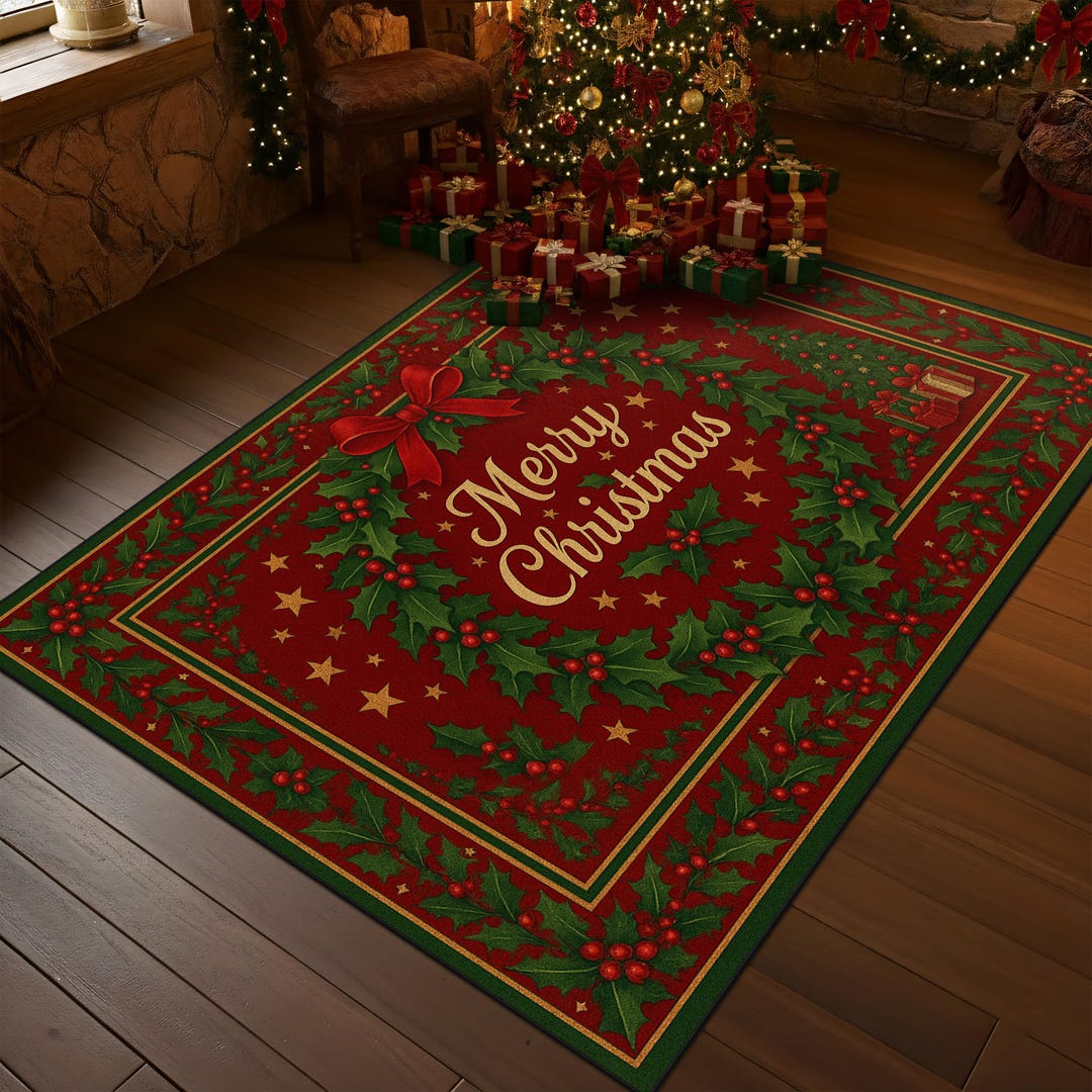 Merry Christmas Holiday Rug With Red Wreath and Green Holly, Festive ...