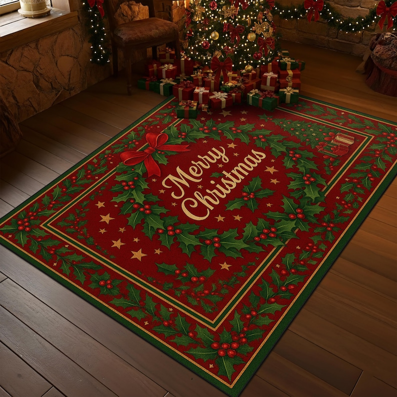 Merry Christmas Holiday Rug With Red Wreath and Green Holly, Festive ...
