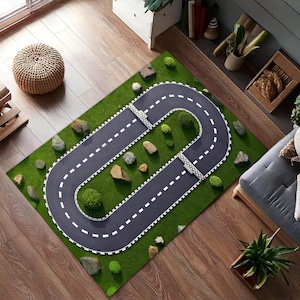 Alfombra de juego con pista verde, alfombra infantil con diseño de circuito de coches, alfombra de carreras con temática natural para dormitorio o sala de juegos de niños