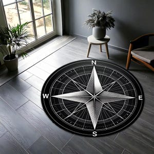 Compass Rose Round Rug, Nautical Black and White Modern Carpet, Minimalist Navigation Decor for Living Room, Coastal Maritime Floor Mat