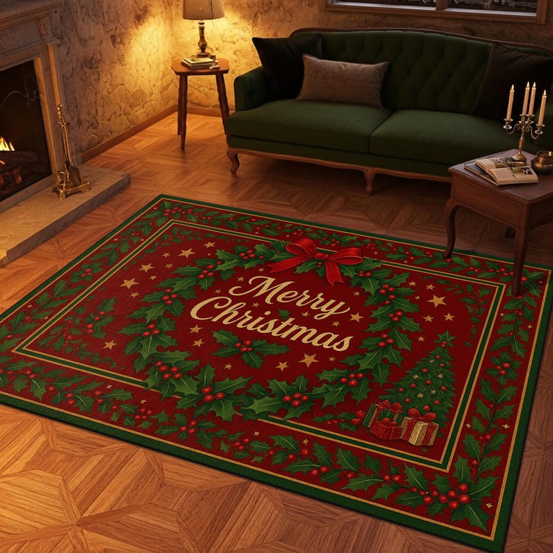 Merry Christmas Holiday Rug With Red Wreath and Green Holly, Festive ...