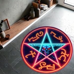 Pentagram Skull Rug, Gothic Occult Round Carpet for Gamers, Witches, and Alternative Decor – Dark Aesthetic Symbolic Floor Mat