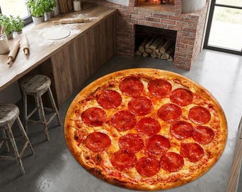 Alfombra de pizza de pepperoni realista: divertida alfombra redonda para habitaciones infantiles, salas de juegos o decoración de cocina.