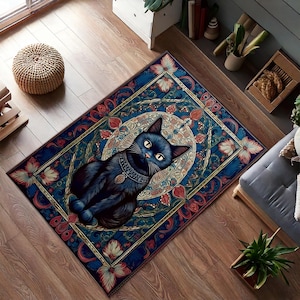 Mystical Black Cat Area Rug, Boho Gothic Feline Carpet, Witchy Art Nouveau Decor Rug for Living Room Bedroom