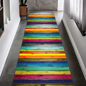Rainbow Wood Plank Runner Rug, Colorful Rustic Hallway Carpet, Vibrant Striped Floor Mat for Entryway, Kitchen, or Kids Room Decor