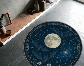 Blue Celestial Moon Bat Rug – Gothic Round Carpet with Stars & Constellations, Mystical Witchy Rug for Bedroom, Living Room or Décor