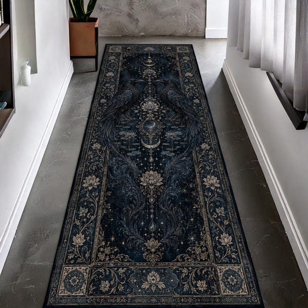 Gothic Twin Raven Runner Rug Celestial Moon Lotus Floral Dark Academia Hallway Carpet Witchy Home Decor