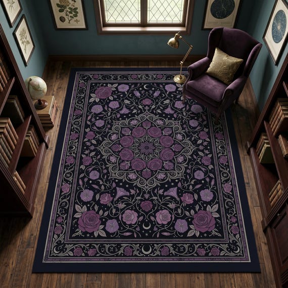 Purple Gothic Rug, Dark Floral Area Rug, Celestial Rose Carpet, Gothic Botanical Rug, Dark Academia Bedroom Decor