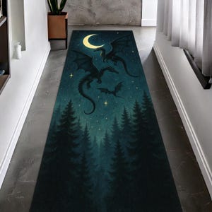 Tapete de corredor de dragão místico, tapete de floresta com céu noturno de fantasia, tapete de corredor de decoração gótica para casa, arte de chão com lua e estrelas celestiais