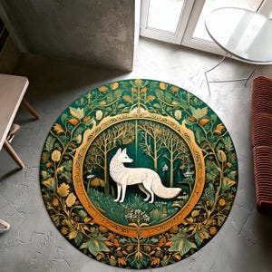 Verzauberter grüner Waldfuchs Teppich, runder Teppich, mystisches Naturdekor für Wohnzimmer, Schlafzimmer oder Kinderzimmer