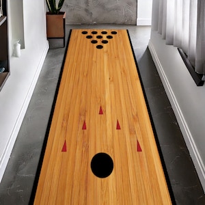 Bowling Lane Runner Rug, Realistic Wood Pattern Carpet for Hallways, Fun Game Room Decor with Pins & Ball