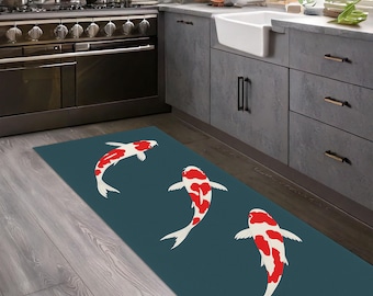 Japanese Koi Fish Kitchen Runner Rug – Washable Non Slip Floor Mat, Modern Zen Decor for Entryway, Hallway, and Home