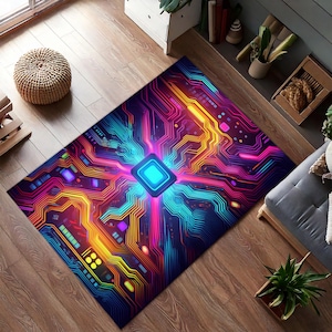 Puede incluir: Alfombra rectangular con un vibrante diseño de placa de circuito. La alfombra presenta un cuadrado azul central rodeado de líneas rosas, amarillas y azules neón, creando un patrón de alta tecnología y colorido. La alfombra está sobre un suelo de madera.