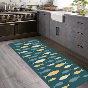 Colorful Fish Runner Rug for Kitchen, Coastal Nautical Non-Slip Floor Mat, Washable Ocean Theme Fish Design Carpet for Home Décor