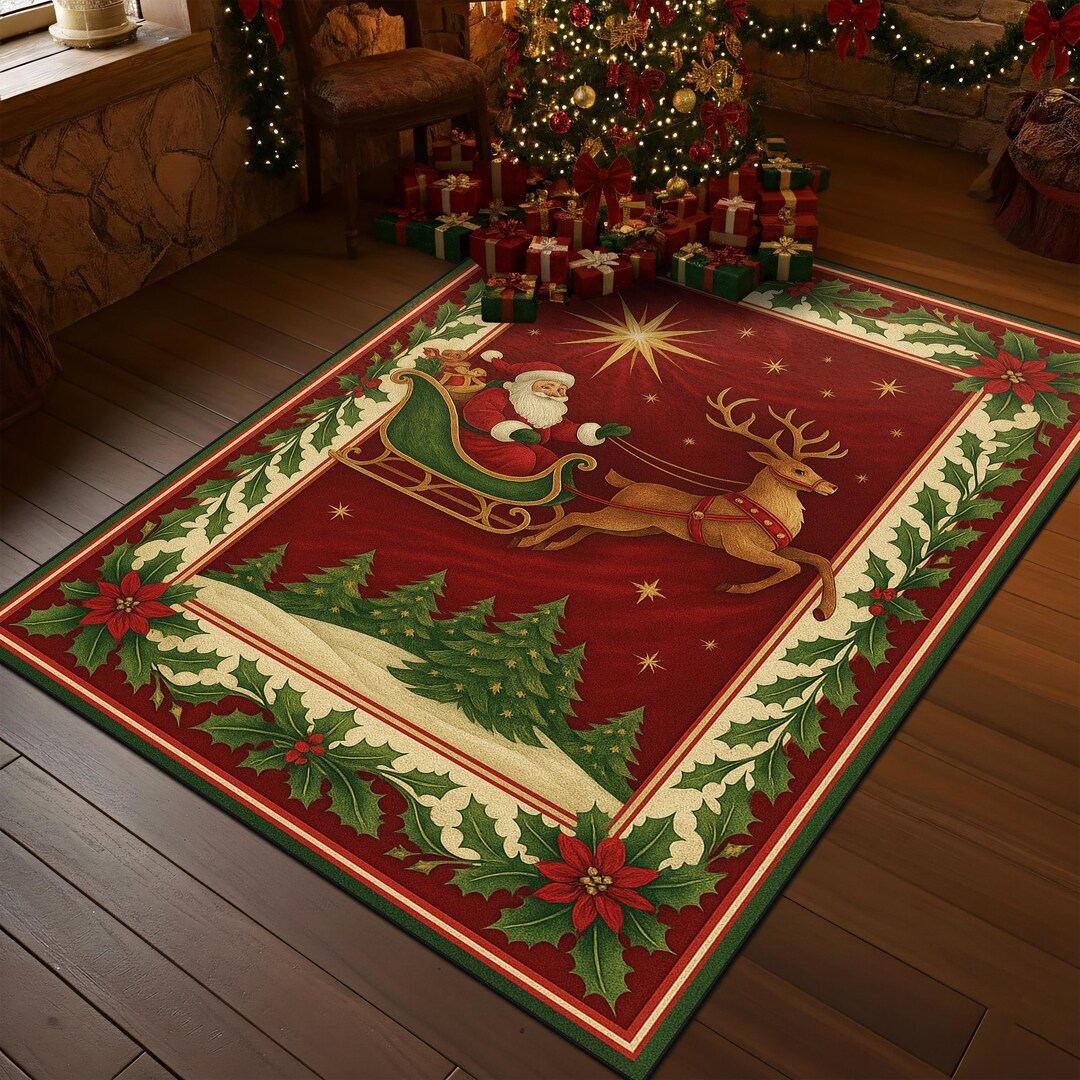 Vintage Christmas Rug With Santa Sleigh and Reindeer, Red Holiday ...