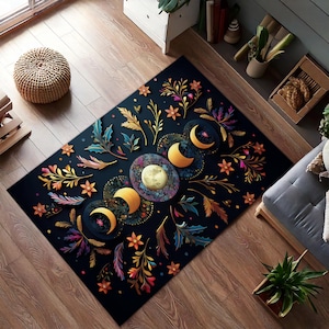 Colorful Moon Phases Rug, Celestial Floral Boho Carpet, Vibrant Lunar Botanical Decor Rug for Bedroom Living Room