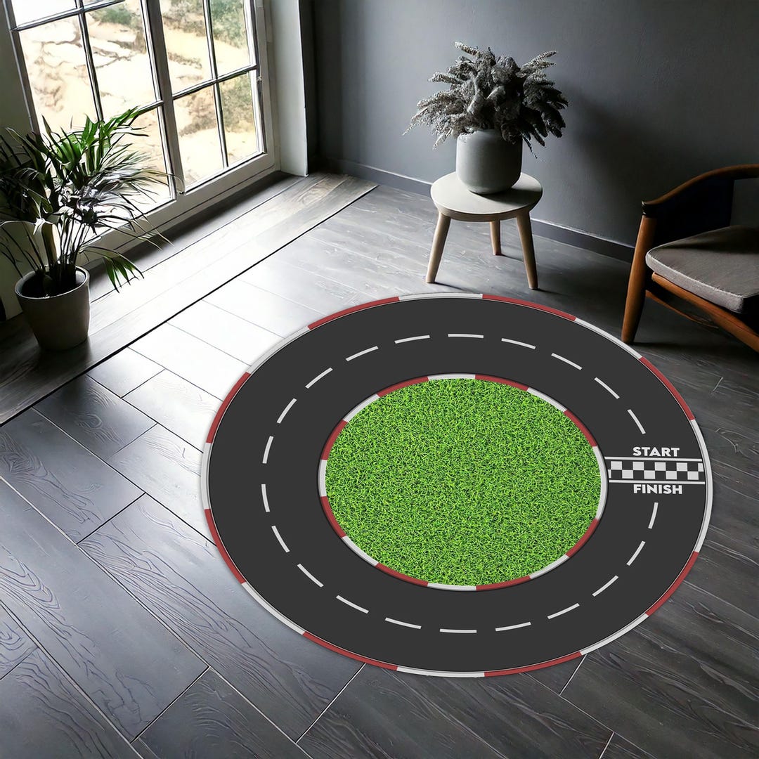 Round Racetrack Rug Round Race Track Rug for Kids – Car Play Mat With Finish Line Design ...