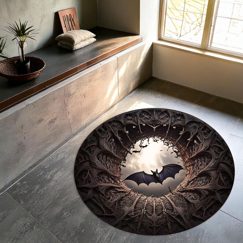 Vampire Rug Textures Gothic Bat Round Rug, Dark Fantasy Area Carpet, Haunted Castle Decor ...