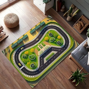 Green Start–Finish Kids Car Play Mat – Fun Road Rug for Playroom & Nursery with Winding Track Design