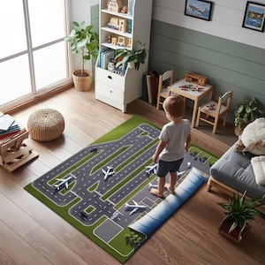 Tapete de Aeroporto com Estampa de Terminal de Avião, Tapete de Brincar Realista com Pista de Pouso, Tapete Temático de Aviação para Decoração de Quarto ou Sala de Jogos Infantil