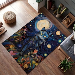 Starry Night Cat Rug, Whimsical Galaxy Feline Carpet, Colorful Floral Cosmic Decor Rug for Bedroom Living Room
