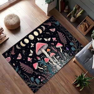 Moon Phases Mushroom Rug, Whimsical Fairycore Forest Carpet, Boho Botanical Toadstool Rug for Bedroom Living Room Decor