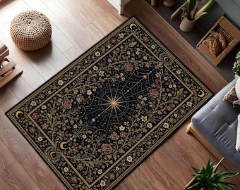 Celestial Floral Area Rug, Dark Botanical Moon Rug, Gothic Starry Floral Decor, Black Gold Entryway Rug