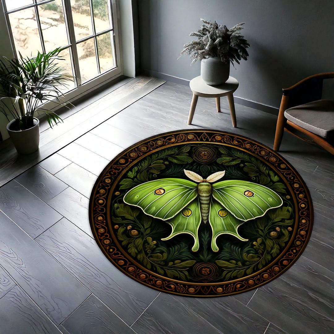 Large Moth Rug Mystical Luna Moth Round Rug, Green Moth Nature Decor, Botanical Forest ...