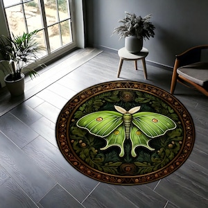 Mystical Luna Moth Round Rug, Green Moth Nature Decor, Botanical Forest Theme Carpet, Boho Witchy Room Rug, Moon Moth Area Rug