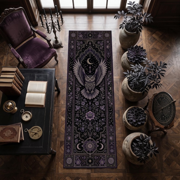 Celestial Owl Runner Rug, Gothic Moon Decor, Purple Botanical Hallway Carpet, Mystical Owl Runner Rug