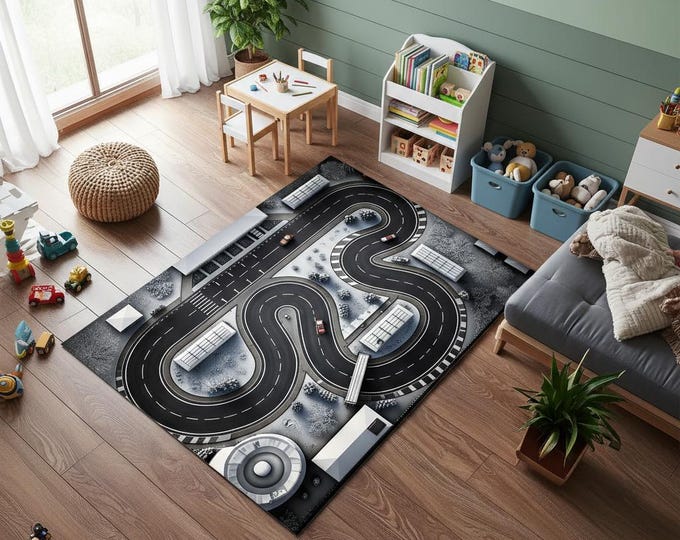 Start–Finish Kids Car Play Mat – Fun Road Rug for Playroom & Nursery with Winding Track Design