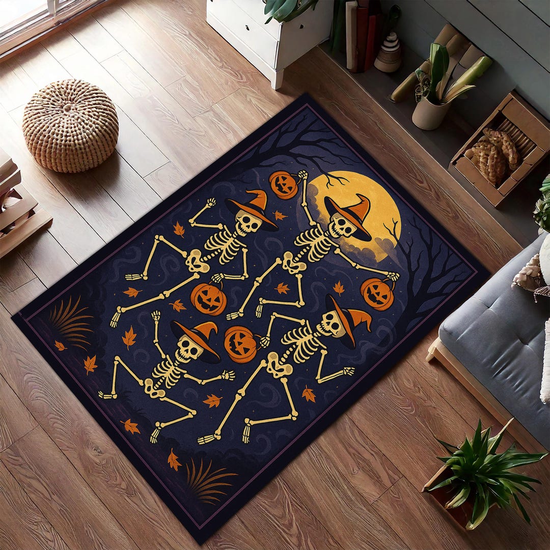 Hok Rug Skeleton Pattern Dancing Skeleton Halloween Rug – Witch Hat Skeletons With Pumpkins and ...