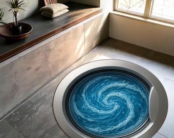 May include: A round, blue and white rug designed to look like a washing machine drum. The rug features a swirling water pattern with bubbles, creating a realistic effect. The rug is set on a gray tiled floor.