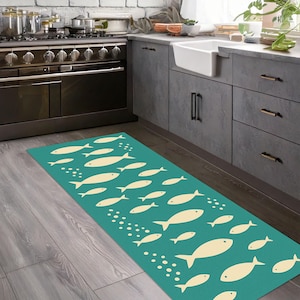 Colorful Fish Pattern Kitchen Runner Rug, Non-Slip Washable Floor Mat, Coastal Ocean Theme Area Rug for Home Décor