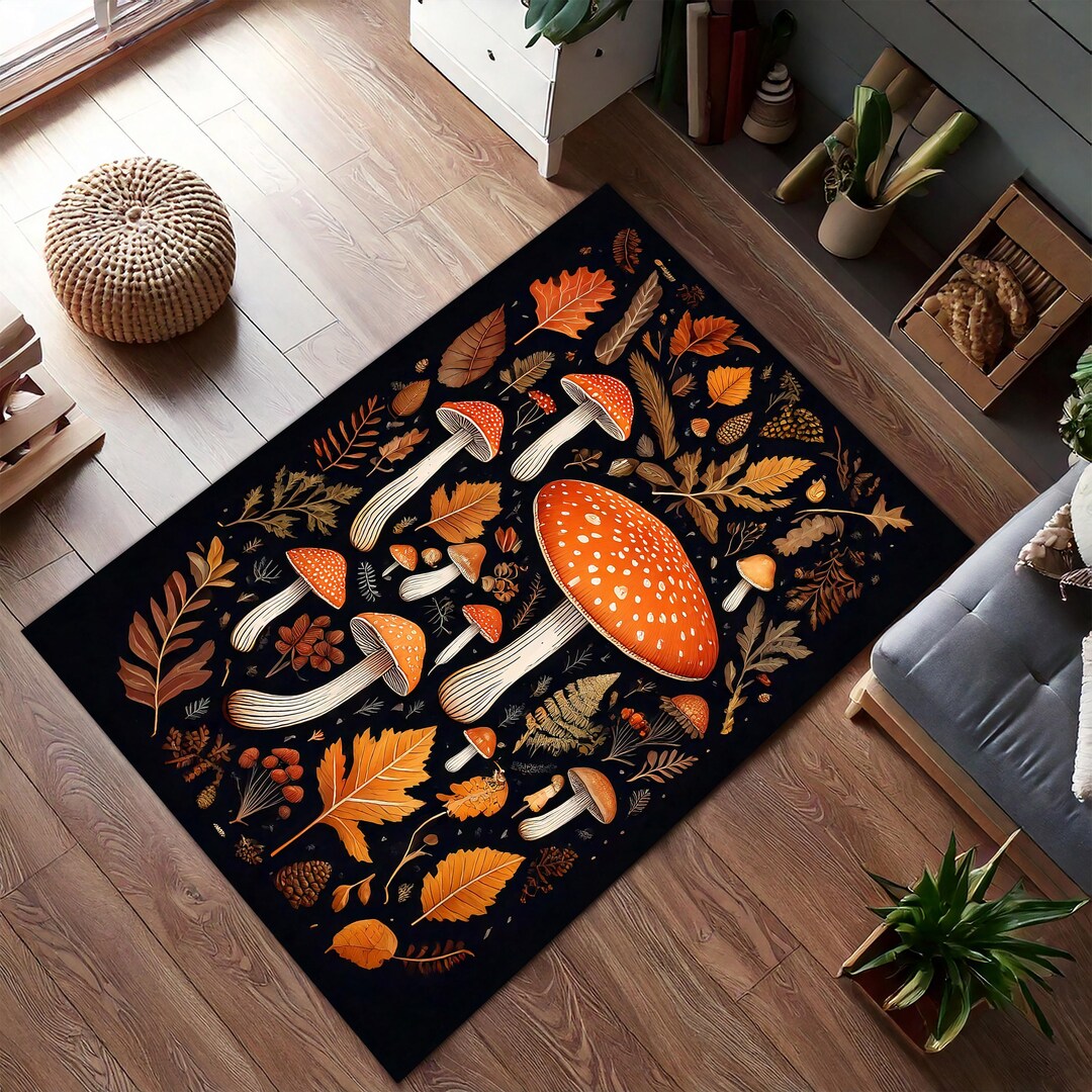 Toadstool Rug Autumn Mushroom Rug, Dark Forest Floor Carpet, Cottagecore Botanical ...
