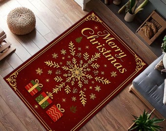 雪の結晶模様のラグ|ゴールドのクリスマスラグ|最高のクリスマス