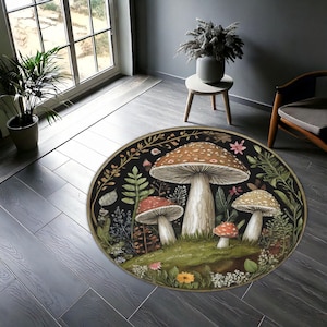 Whimsical Mushroom Forest Round Rug, Fairycore Botanical Toadstool Carpet, Boho Cottagecore Nature Area Rug for Bedroom