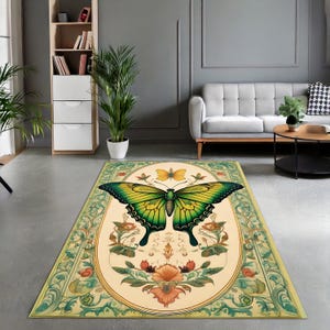 Green Butterfly Rug, Vintage Botanical Insect Carpet, Elegant Nature Inspired Area Rug for Living Room Bedroom Decor
