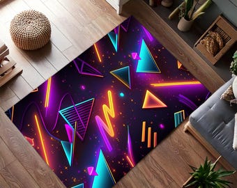 Arcade Retro Gaming & Bowling Alley Rug – Colorful Game Room Carpet – Neon Patterned Gamer Mat – Fun Floor Decor