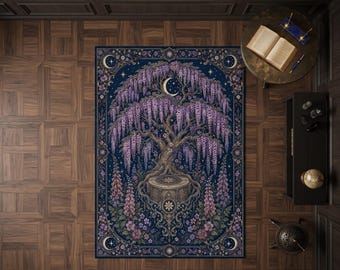 Moonlit Wisteria Tree Area Rug, Purple Botanical Decor, Enchanted Garden Carpet, Fantasy Tree Rug, Cottagecore Area Rug