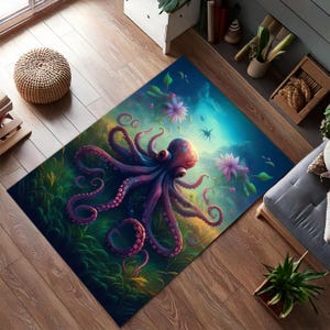 Octopus Underwater Rug, Fantasy Ocean Floor Carpet, Colorful Sea Life Nature Rug for Coastal Boho Living Room Decor